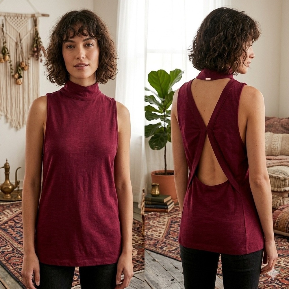 Free People Mock Neck Open Back Sleeveless Top Berry Wine Red Slub Knit